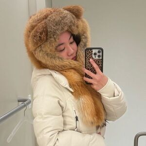Vintage Russian Golden island fox fur teddy bear fur hoodie hat ski